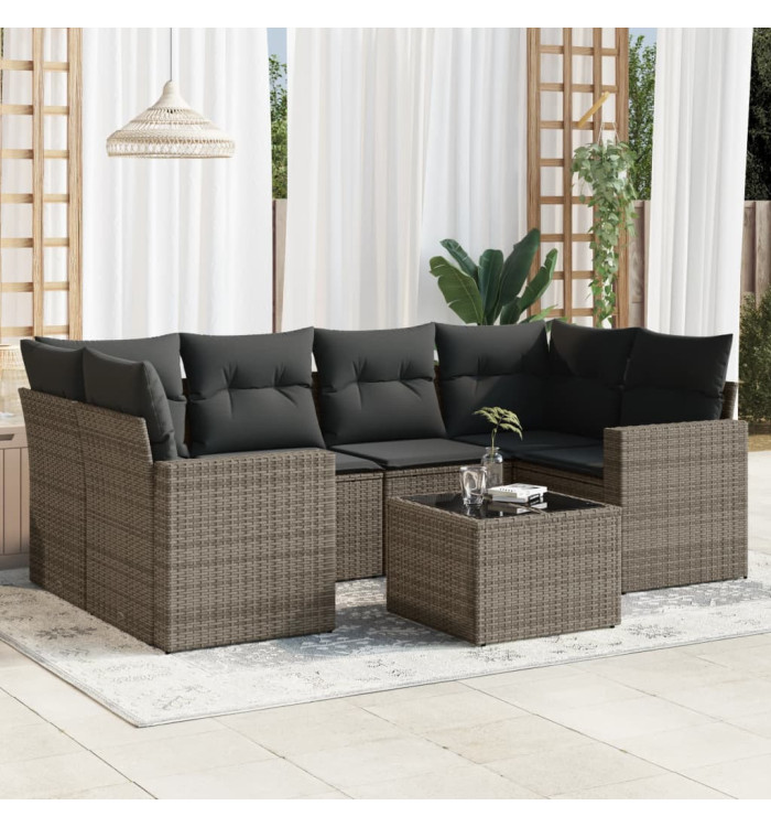 Salon de jardin avec coussins 7 pcs gris résine tressée | Mobilier & Déco