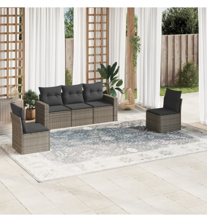 Salon de jardin 5 pcs avec coussins gris résine tressée | Mobilier & Déco
