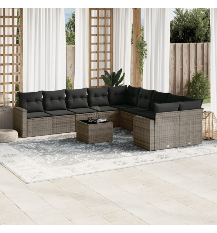 Salon de jardin 11 pcs avec coussins gris résine tressée | Mobilier & Déco