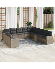 Salon de jardin 11 pcs avec coussins gris résine tressée | Mobilier & Déco