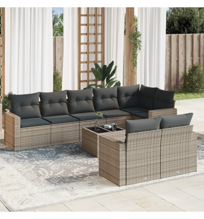 Salon de jardin 9 pcs avec coussins gris résine tressée | Mobilier & Déco