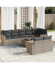 Salon de jardin 9 pcs avec coussins gris résine tressée | Mobilier & Déco
