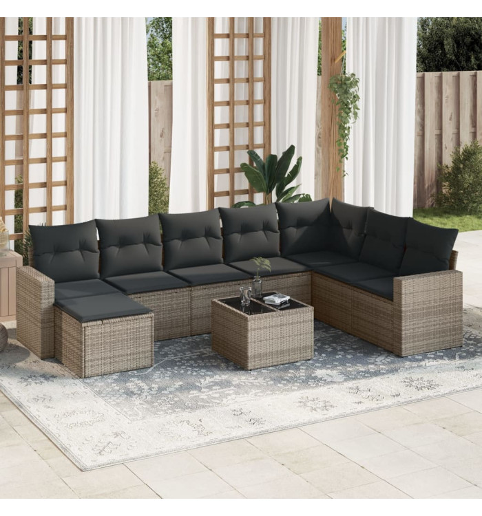 Salon de jardin 9 pcs avec coussins gris résine tressée | Mobilier & Déco