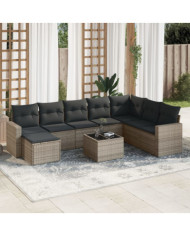 Salon de jardin 9 pcs avec coussins gris résine tressée | Mobilier & Déco