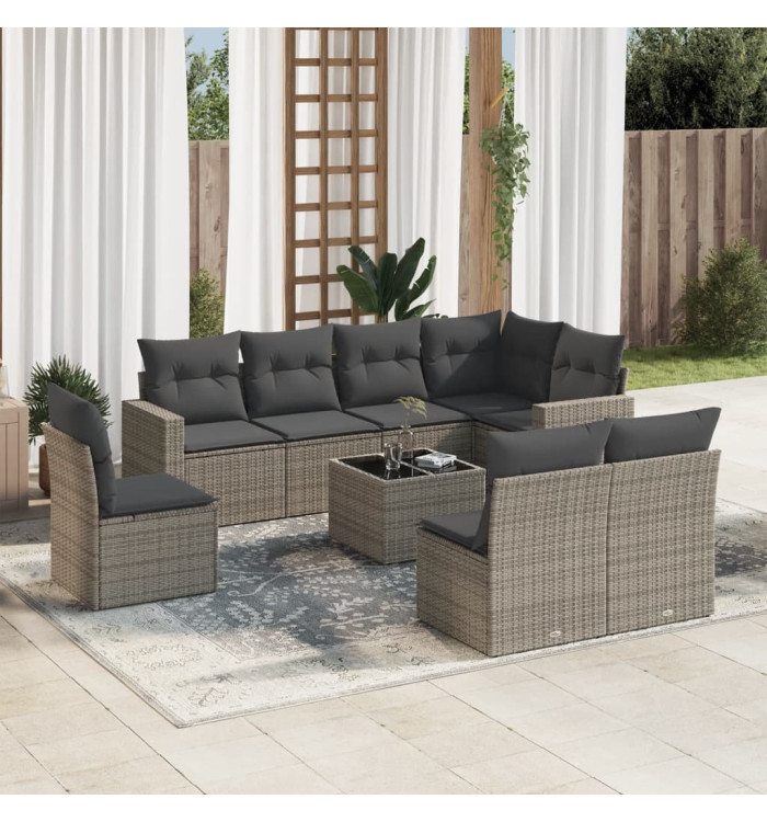Salon de jardin 9 pcs avec coussins gris résine tressée | Mobilier & Déco