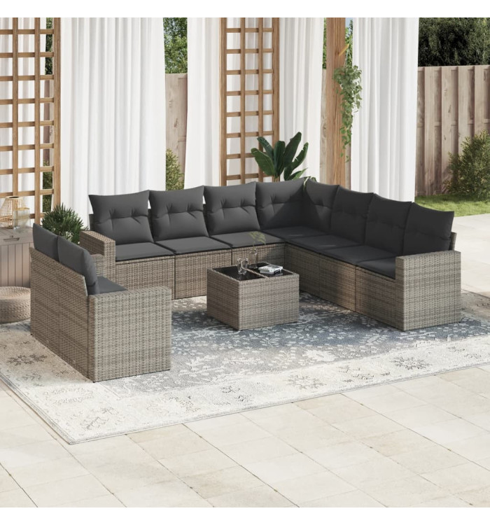 Salon de jardin avec coussins 10 pcs gris résine tressée | Mobilier & Déco