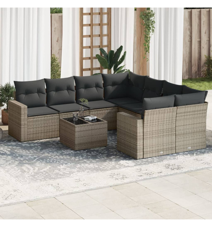 Salon de jardin 9 pcs avec coussins gris résine tressée | Mobilier & Déco