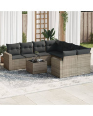 Salon de jardin 9 pcs avec coussins gris résine tressée | Mobilier & Déco