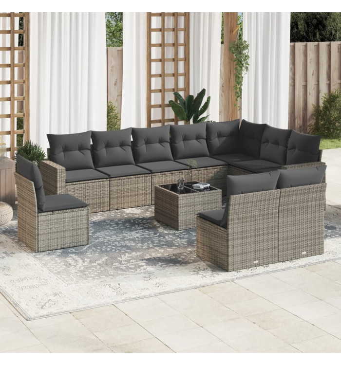 Salon de jardin 11 pcs avec coussins gris résine tressée | Mobilier & Déco
