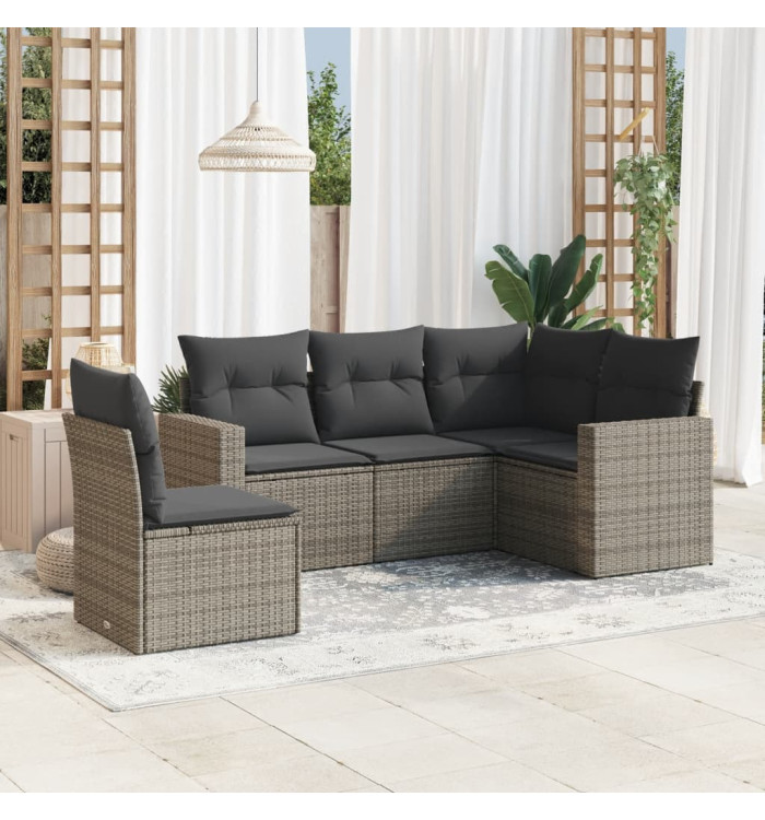 Salon de jardin 5 pcs avec coussins gris résine tressée | Mobilier & Déco