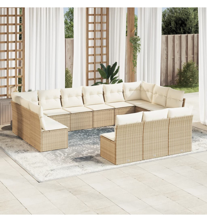 Salon de jardin avec coussins 13 pcs beige résine tressée | Mobilier & Déco