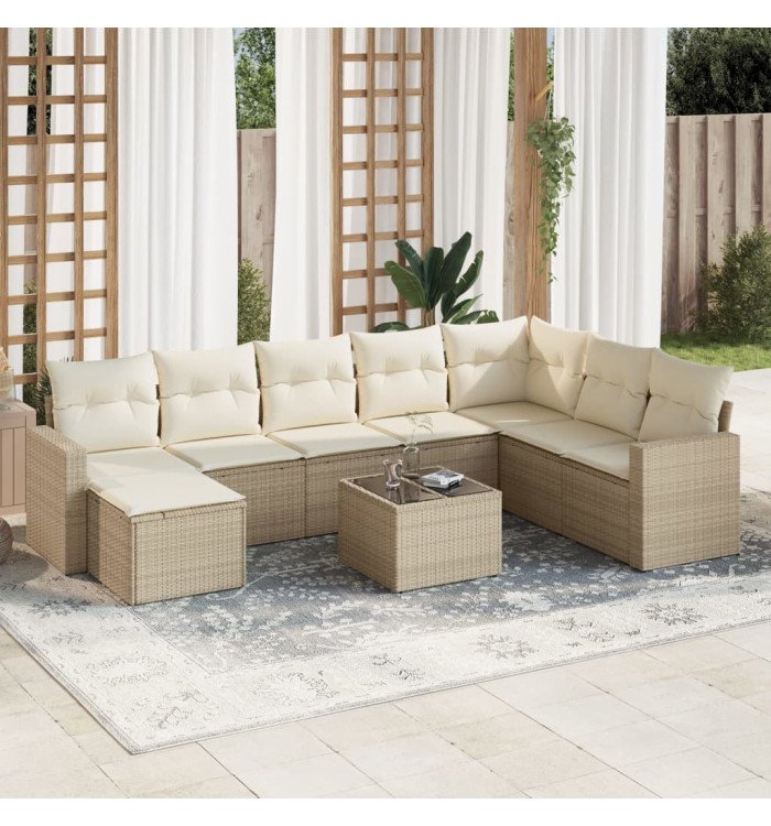 Salon de jardin avec coussins 9 pcs beige résine tressée | Mobilier & Déco