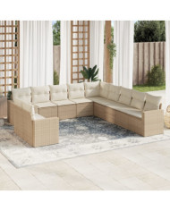 Salon de jardin 11 pcs avec coussins beige résine tressée | Mobilier & Déco