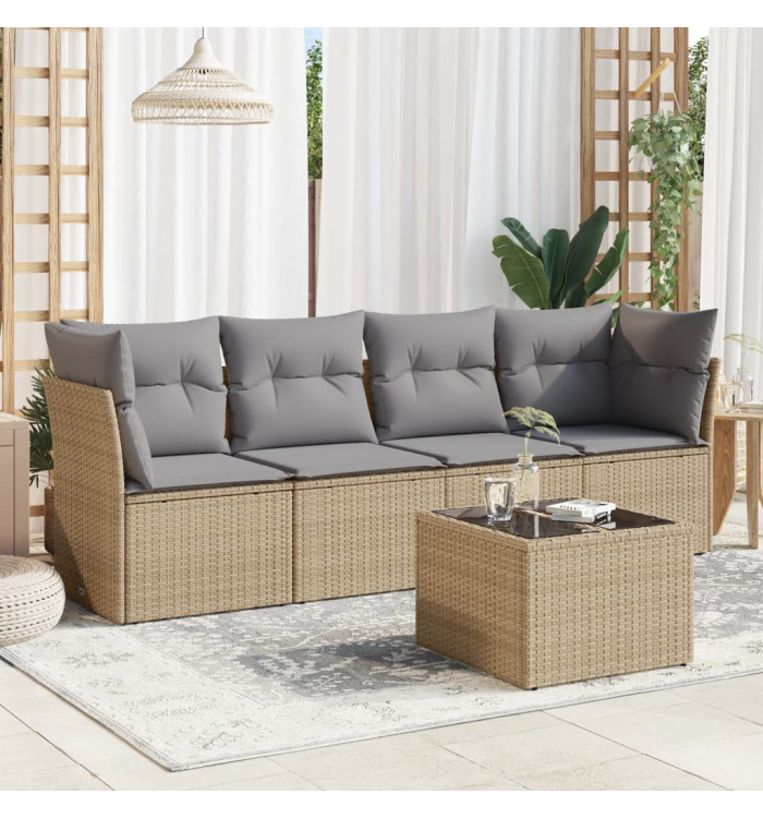 Salon de jardin avec coussins 5 pcs beige résine tressée | Mobilier & Déco