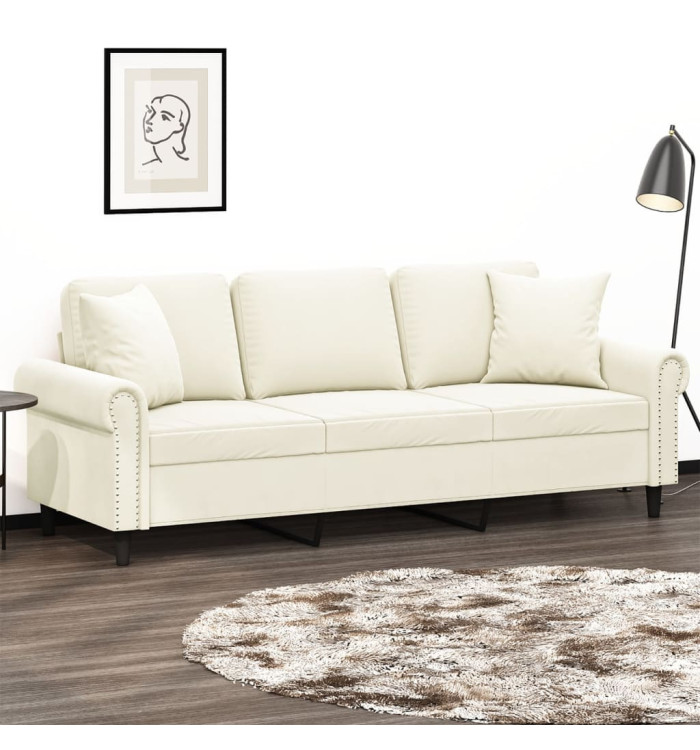Canapé 3 places avec oreillers décoratifs crème 180 cm velours | Mobilier & Déco