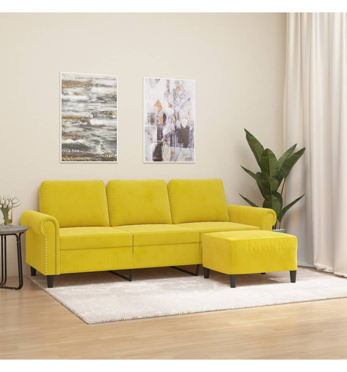 Canapé à 3 places avec repose-pieds jaune 180 cm velours | Mobilier & Déco