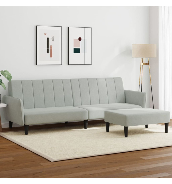 Canapé-lit à 2 places avec repose-pied gris clair velours | Mobilier & Déco