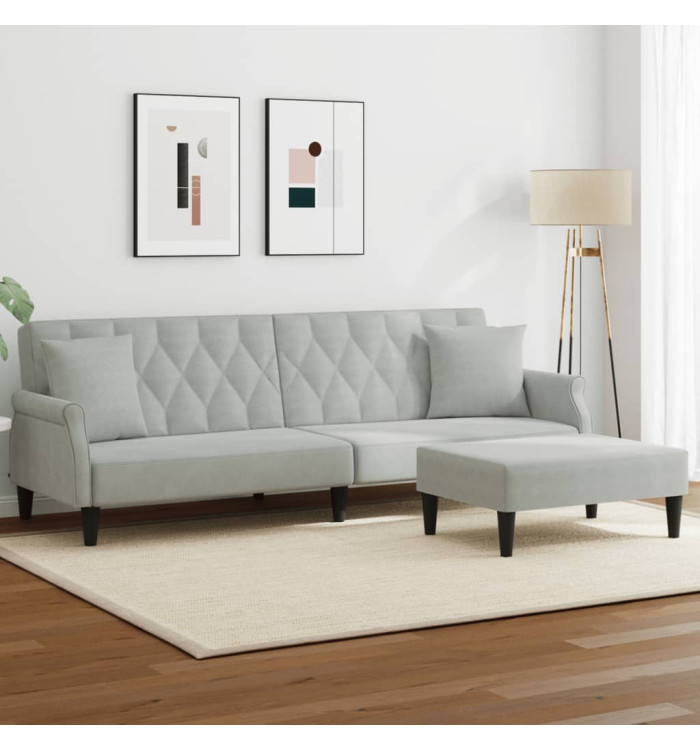 Canapé-lit à 2 places avec oreillers et repose-pied gris clair | Mobilier & Déco