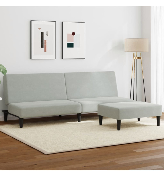 Canapé-lit à 2 places avec repose-pied gris clair velours | Mobilier & Déco
