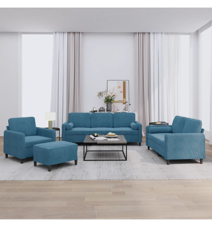 Ensemble de canapés 4 pcs avec coussins bleu velours | Mobilier & Déco