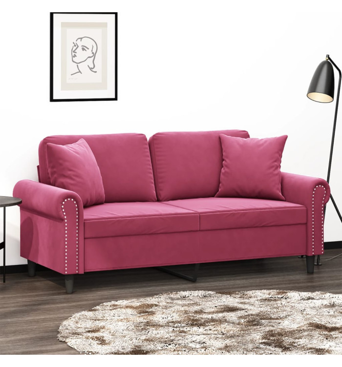 Canapé 2 places avec oreillers bordeaux 140 cm velours | Mobilier & Déco