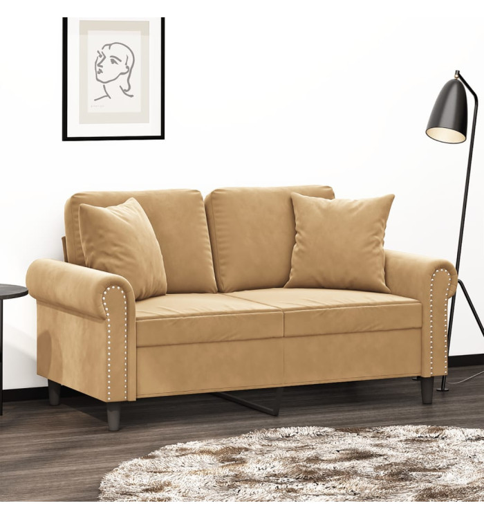 Canapé 2 places avec oreillers décoratifs brun 120 cm velours | Mobilier & Déco