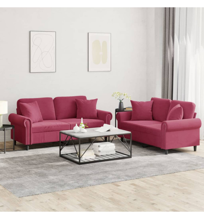 Ensemble de canapés 2 pcs avec coussins rouge bordeaux velours | Mobilier & Déco