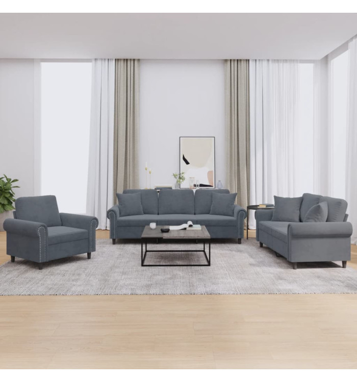 Ensemble de canapés 3 pcs avec coussins gris foncé velours | Mobilier & Déco