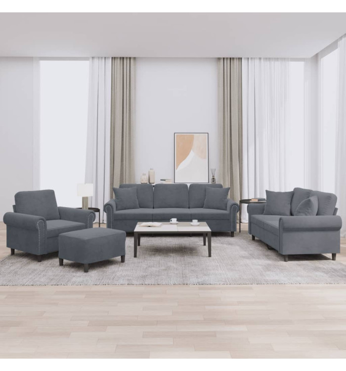Ensemble de canapés 4 pcs avec coussins gris foncé velours | Mobilier & Déco