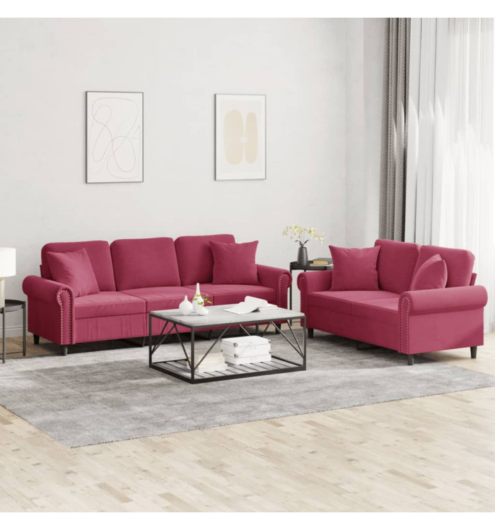 Ensemble de canapés 2 pcs avec coussins rouge bordeaux velours | Mobilier & Déco