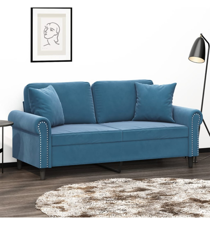 Canapé 2 places avec oreillers décoratifs bleu 140 cm velours | Mobilier & Déco