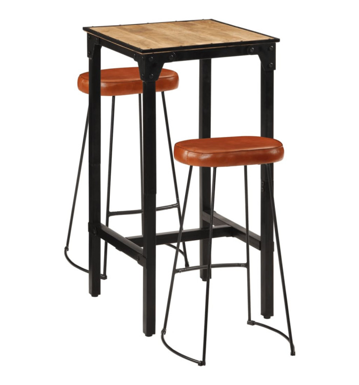 Ensemble de bar 3 pcs bois de manguier brut massif et métal | Mobilier & Déco