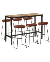 Ensemble de bar 7 pcs bois de manguier brut massif et métal | Mobilier & Déco