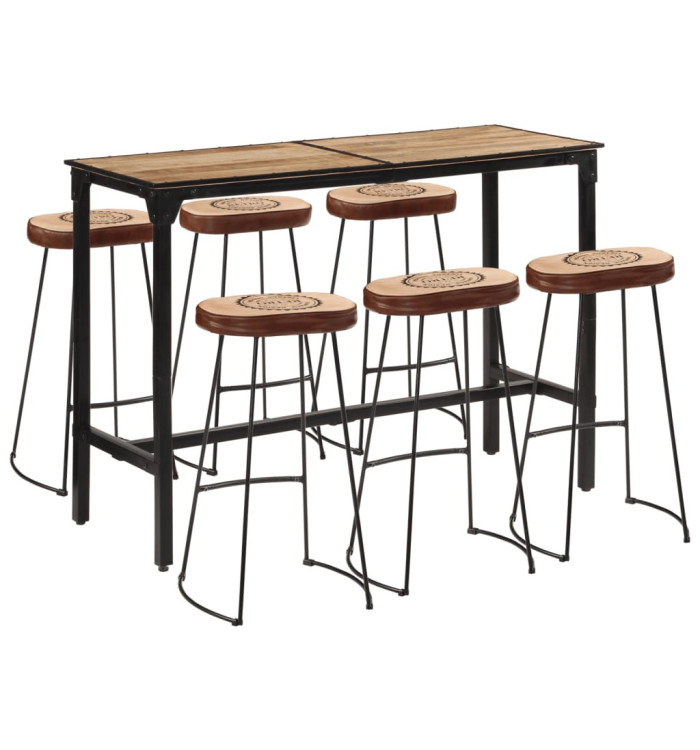 Ensemble de bar 7 pcs bois de manguier brut massif et métal | Mobilier & Déco