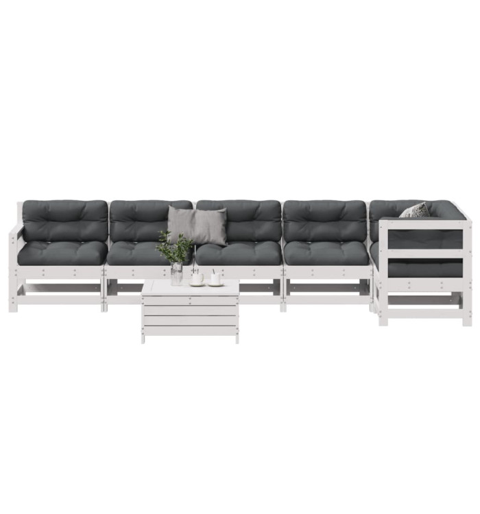 Salon de jardin 7 pcs avec coussins blanc bois de pin massif | Mobilier & Déco