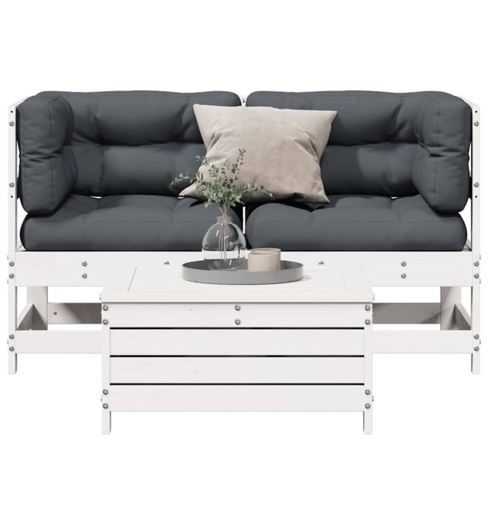 Salon de jardin 3 pcs avec coussins blanc bois de pin massif | Mobilier & Déco