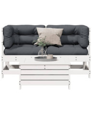 Salon de jardin 3 pcs avec coussins blanc bois de pin massif | Mobilier & Déco