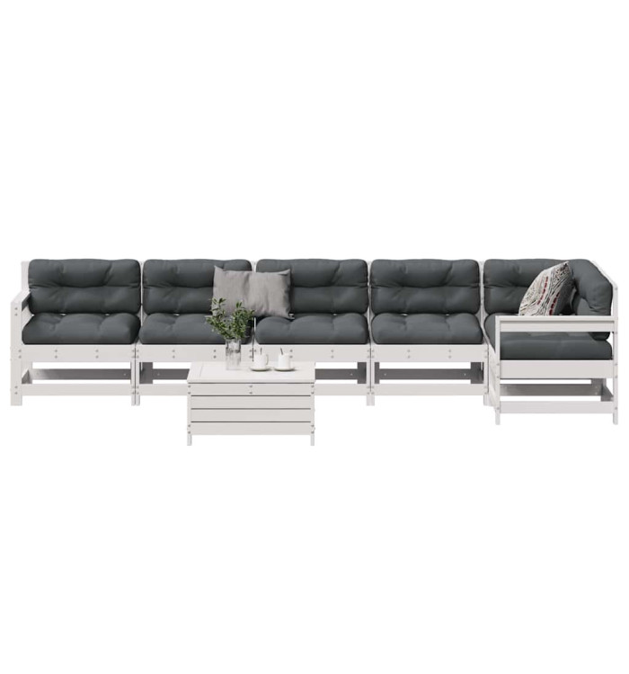 Salon de jardin 7 pcs avec coussins blanc bois de pin massif | Mobilier & Déco