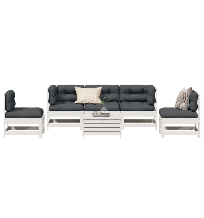 Salon de jardin avec coussins 6 pcs blanc bois de pin massif | Mobilier & Déco