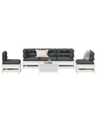 Salon de jardin avec coussins 6 pcs blanc bois de pin massif | Mobilier & Déco