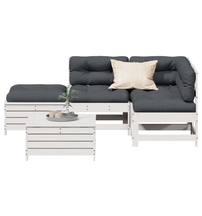 Salon de jardin 5 pcs avec coussins blanc bois massif de pin | Mobilier & Déco
