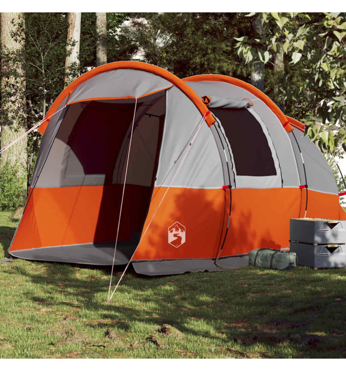 Tente de camping tunnel 4 personnes gris et orange imperméable | Mobilier & Déco