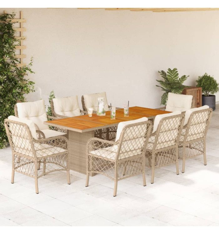 Ensemble à manger de jardin et coussins 9 pcs beige Poly rotin | Mobilier & Déco