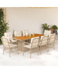 Ensemble à manger de jardin et coussins 9 pcs beige Poly rotin | Mobilier & Déco
