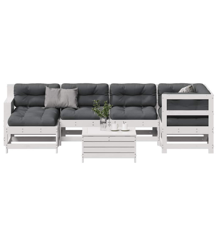 Salon de jardin 7 pcs avec coussins blanc bois de pin massif | Mobilier & Déco