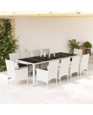 Ensemble à manger de jardin et coussins 11pcs blanc rotin verre | Mobilier & Déco