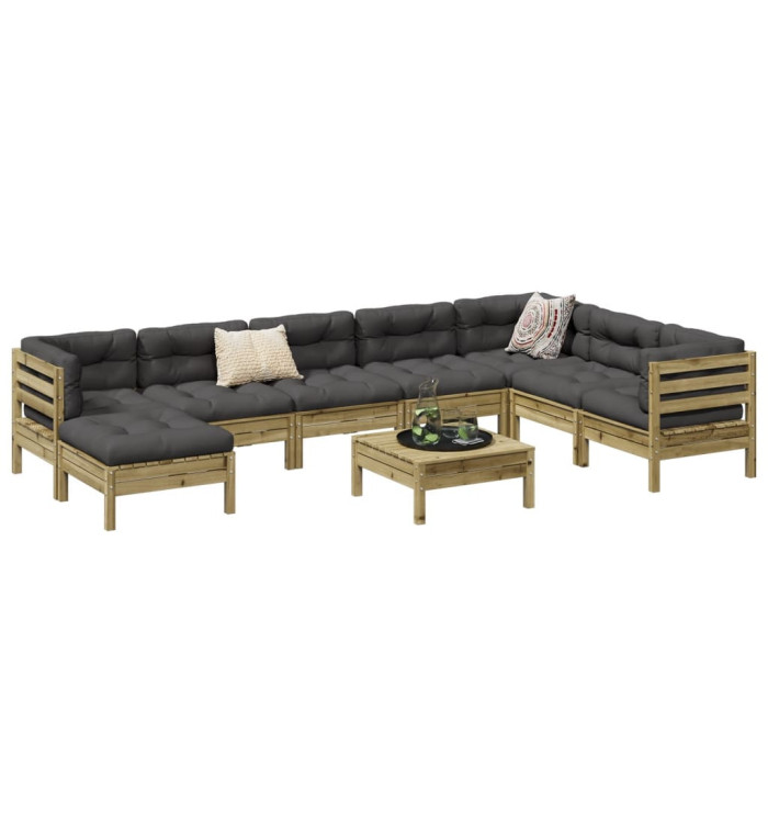 Salon de jardin avec coussins 9 pcs bois de pin imprégné | Mobilier & Déco
