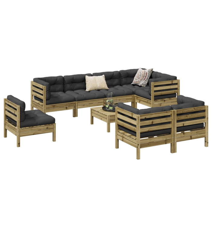Salon de jardin 9 pcs avec coussins bois de pin imprégné | Mobilier & Déco
