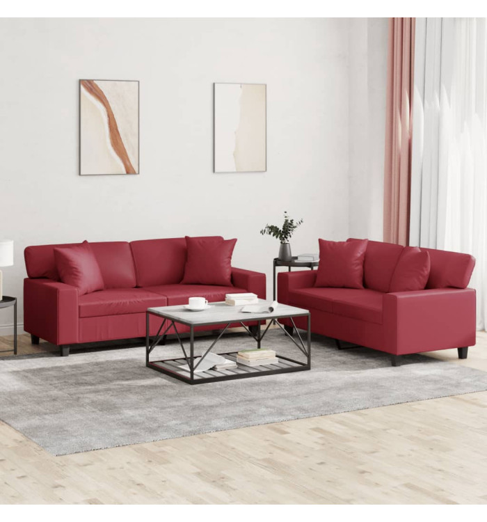 Ensemble de canapés 2 pcs et coussins rouge bordeaux similicuir | Mobilier & Déco