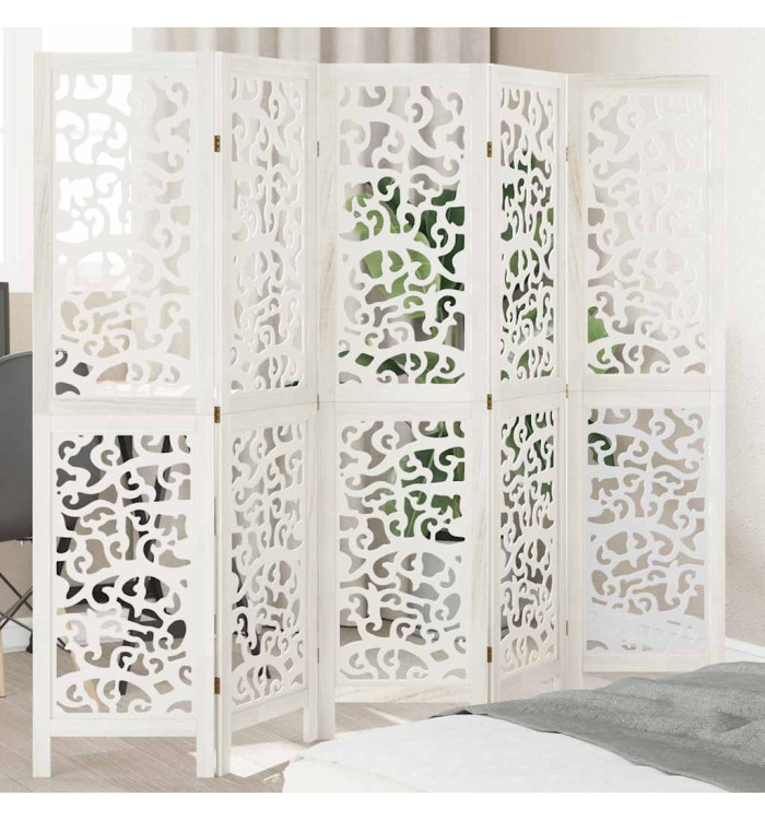 Cloison de séparation 5 panneaux blanc bois de paulownia massif | Mobilier & Déco